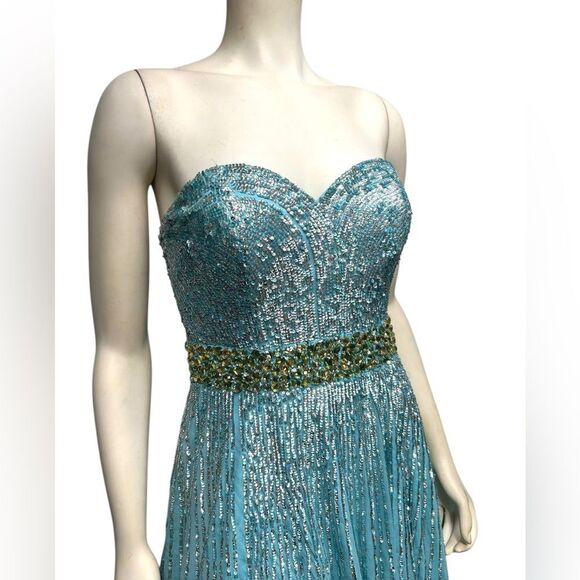 Sherri Hill 100% Silk Light Blue Gown with Sequins Strapless Prom Dress Size 8 - Picture 6 of 15